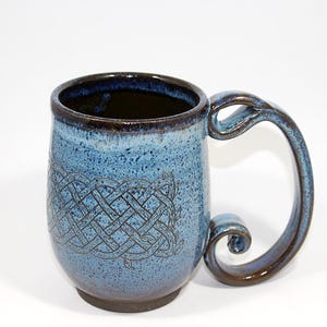 20 oz. Handmade Ceramic Mug: Celtic Knot with Tiny Dragon