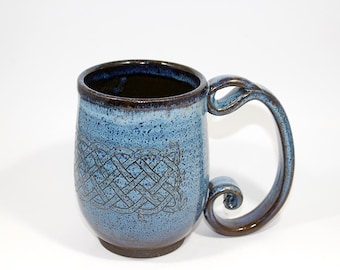 20 oz. Handmade Ceramic Mug: Celtic Knot with Tiny Dragon