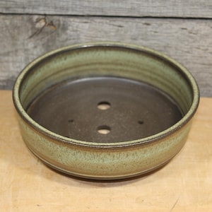 Handmade Low Profile Mossy Green Ceramic Stoneware Tray Style Bonsai Pot