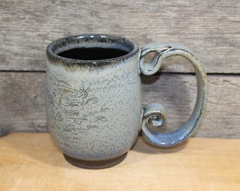Handmade Blue Ceramic 18 oz. Dragon and Ocean Mug