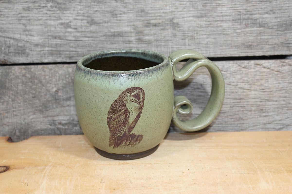 Handmade Green Ceramic Owl Mug