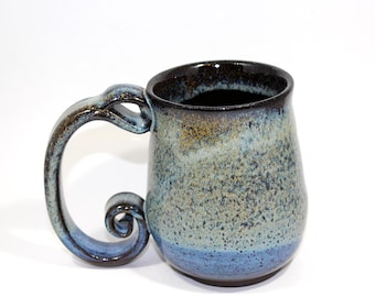 14 oz. Handmade Black Stoneware with Blue Glaze Ceramic Mug