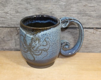 16 oz. Handmade Ceramic Spiral Handle Blue Octopus Mug