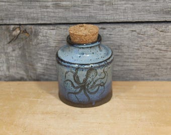 Handmade Blue Ceramic Octopus Inkwell Style Potion Bottle with Cork