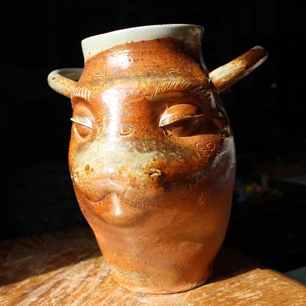 Wood Fired Ceramic Dragon Face Vase with Eternal Gaze