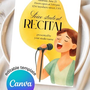Könnte beinhalten: Eine bearbeitbare Flyer-Vorlage für ein Gesangsschüler-Konzert mit einer Aquarell-Illustration einer Person, die in ein Mikrofon singt. Der Text lautet: Saturday, June 23, Doors open at 7:00 pm, 1234 Anywhere street, USA, Voice student RECITAl, presented by your studio name.