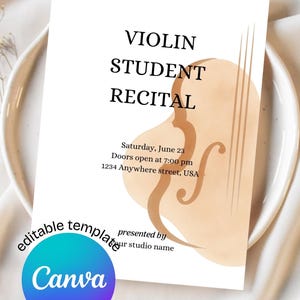 Op de afbeelding: Een rechthoekig uitnodigingssjabloon met de zwarte tekst VIOLIN STUDENT RECITAL, Saturday, June 23, Doors open at 7:00 pm, 1234 Anywhere street, USA, en presented by your studio name, met een beige aquarelillustratie van een viool.