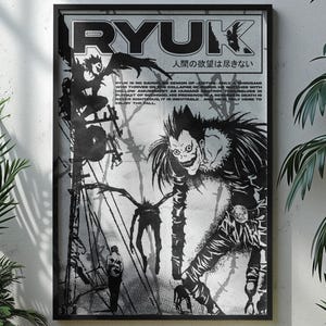 May include: A black and white rectangular wall poster featuring the text RYUK and Japanese characters. The artwork depicts a large, grinning creature with spiky hair, a smaller winged figure, and a silhouette of a person standing in a desolate landscape.