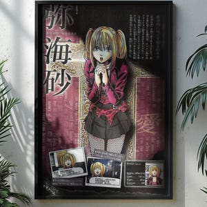 May include: A framed vertical poster featuring an anime character with blonde pigtails, wearing a dark red jacket and black skirt. The background is a deep red with Japanese text and smaller inset panels showing character portraits and data.