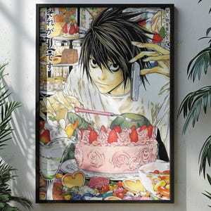 May include: A rectangular wall art print featuring an anime character with black hair holding a spoon over a pink strawberry cake. The scene includes various desserts, sweets, and Japanese text characters set against a light background.