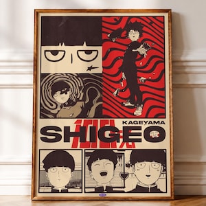 Peut inclure: Une affiche rectangulaire dans un cadre en bois présentant plusieurs panneaux du personnage Shigeo Kageyama. L'illustration utilise une palette de noir, crème et rouge, montrant diverses expressions faciales et une scène d'action.