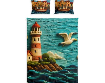 Lighthouse Seaside Scene Cotton Bed Set | Nautical Duvet Cover