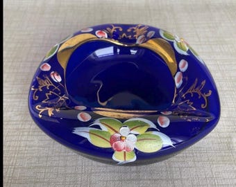 Vintage Boho Tsjechische glazen kom asbak handgeschilderd bloemenemaille goud verguld