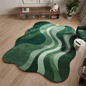 Green Irregular Wool Rug Modern Abstract Wavy Area Rug Hand Tufted Green Curved Organic Shaped Floor Mat Living Room Accent Rug