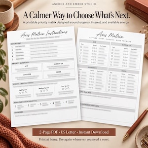 May include: Two white printable sheets featuring an Axis Matrix system. The left page displays Axis Matrix Instructions and a Spoons mental energy tracker. The right page shows the Axis Matrix grid with sections for Act, Button Up, Consider, and Defer.
