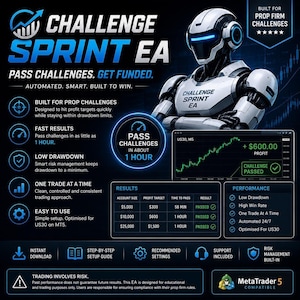 May include: A digital graphic for Challenge Sprint EA featuring a white and black robot, text stating Pass Challenges Get Funded, and a performance table showing account sizes of $5,000, $10,000, and $25,000 with profit targets and pass times.