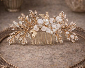 Gold Bridal Hair Comb | Swarovski Crystal Hair Vine | Bridal Hair Piece | Pearl Wedding Hair Comb | Floral Wedding Headpiece, Hair Accessory