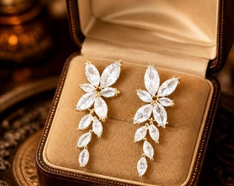 Gold Floral Bridal Earrings, Swarovski Crystal Wedding Earrings, Art Deco Leaf Earrings, Cubic Zirconia Flower Earrings, Bridal Jewelry,