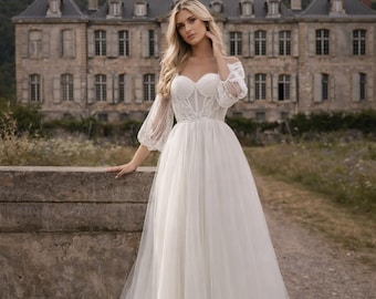 Luxury A-Line Wedding Dress with Corset, Lace Bolero & Detachable Sleeves, Romantic Bridal Gown, Handmade Couture Wedding Dress, Custom Size