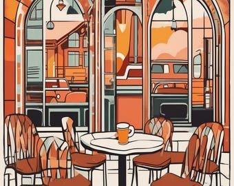 Vintage Coffee Shop Interior Retro Hand Drawn Cafe Wall Art Printable
