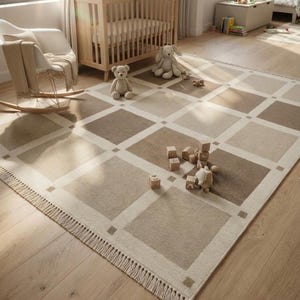 Handwoven Flatweave Taupe Ivory Rug, Neutral Block Pattern Runner, Natural Fiber Floor Cover, Japandi Boho Entryway Living Room Accent