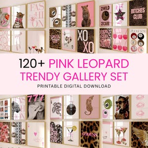May include: A collection of digital wall art prints featuring pink and leopard print themes. The set includes various graphic designs such as leopards, cherries, billiard balls, cocktails, lips, and text like FASHION, BITCHES CLUB, and GODDESS.