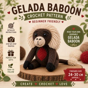 Wzór na szydełko pawiana gelada, realistyczny samouczek amigurumi, przyjazny dla początkujących (pobierz plik PDF)