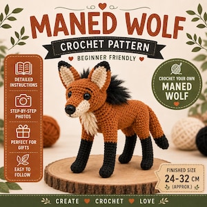 Pode incluir: Um padrão de crochê para um lobo-guará com um animal de fio castanho-avermelhado e preto com uma juba preta. O texto diz MANED WOLF CROCHET PATTERN, BEGINNER FRIENDLY e FINISHED SIZE 24-32 cm. Inclui ícones de instruções e fotos.