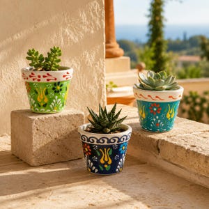May include: Three small ceramic plant pots featuring hand-painted floral patterns in green, teal, and dark blue. Each pot contains a different succulent plant, including a sedum, a spiky haworthia, and a rosette-shaped echeveria.