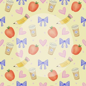 May include: A repeating pattern on a pale yellow background featuring illustrations of red apples, yellow pencils, light blue bows, pink hearts, and iced coffee cups with blue heart stickers, centred around a large, circular, light-coloured area.