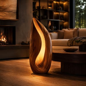 Rzeźbiarska drewniana lampa stołowa, ręcznie robione oświetlenie ambientowe z litego drewna, organiczna lampa z orzecha włoskiego, nowoczesny rustykalny wystrój domu