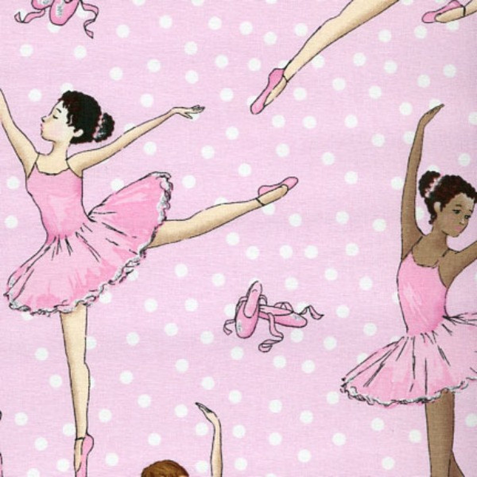 timeless treasures ballerina ballet dancers shoes on polka dots pink cotton fabric by the yard / by the half yard