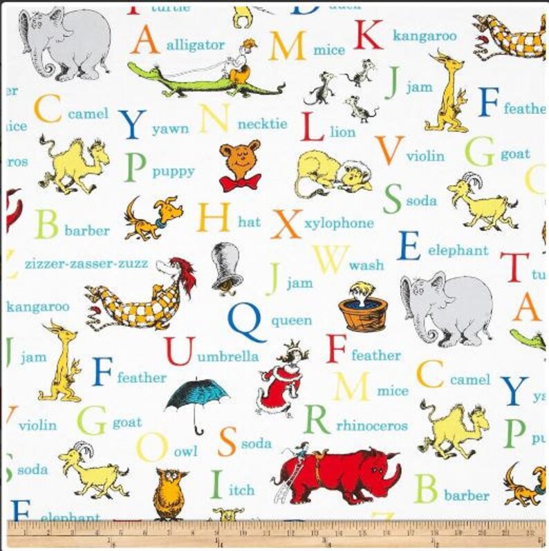 Blue Dr Seuss Characters ABC Cotton Fabric by the Yard