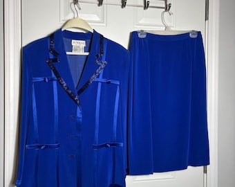 Conjunto de traje Jovani azul marino con falda abalorios, blazer vintage y falda midi, talla 12.
