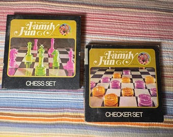 Juegos de ajedrez y damas vintage de Hasbro World of Family Fun, plástico neón, estilo retro de los años 70.