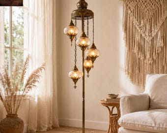 Handmade Turkish 5 Globe Floor Lamp, Blown Glass Mosaic Lighting, Boho Decor