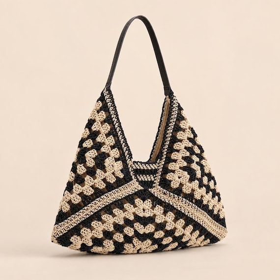 Woven Straw Shoulder Bag, Boho Crochet Tote, Summer Beach Carryall