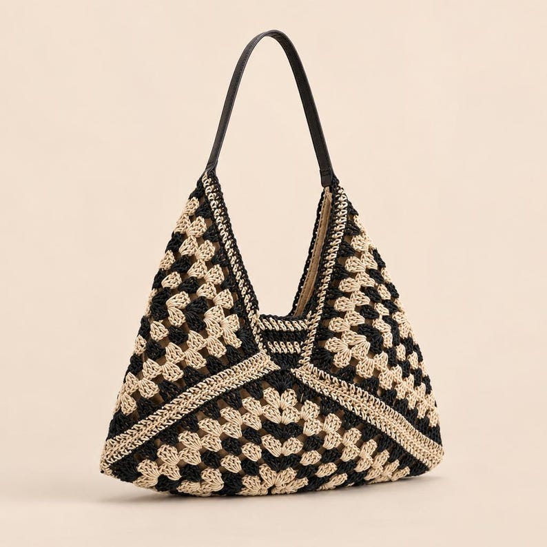 Woven Straw Shoulder Bag, Boho Crochet Tote, Summer Beach Carryall image 1