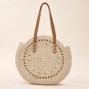Round Straw Shoulder Bag, Boho Beach Tote, Lightweight Summer Carryall