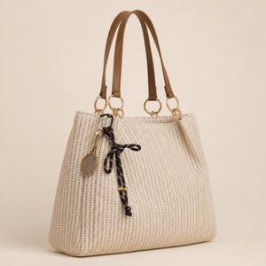 Beige Woven Straw Tote Bag, Minimal Boho Summer Beach Shoulder Bag