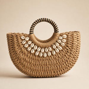 Op de afbeelding: Een halfronde gevlochten handtas in een natuurlijke beige kleur met een rond handvat omwikkeld met zwart en beige koord. De voorkant van de tas is versierd met een gebogen opstelling van witte kaurischelpen voor een textuurrijk uiterlijk.