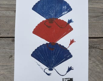 Japanese Fans Linocut, Handmade Print, Japanese Inspired Wall Art