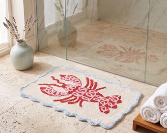 Tufted Lobster Bath Mat, Coastal Bathroom Rug, Non Slip Shower Rug, Beach House Decor