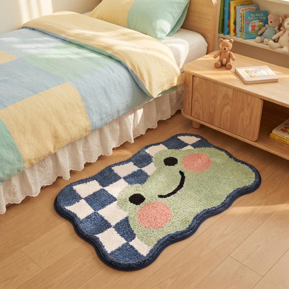 Frog Bath Mat, Kawaii Checkerboard Rug, Pastel Green Animal Decor