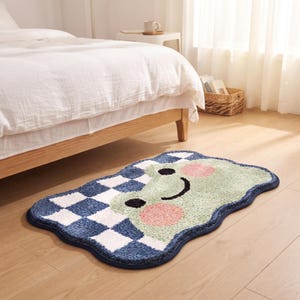 Frog Bath Mat, Kawaii Checkerboard Rug, Pastel Green Animal Decor image 3