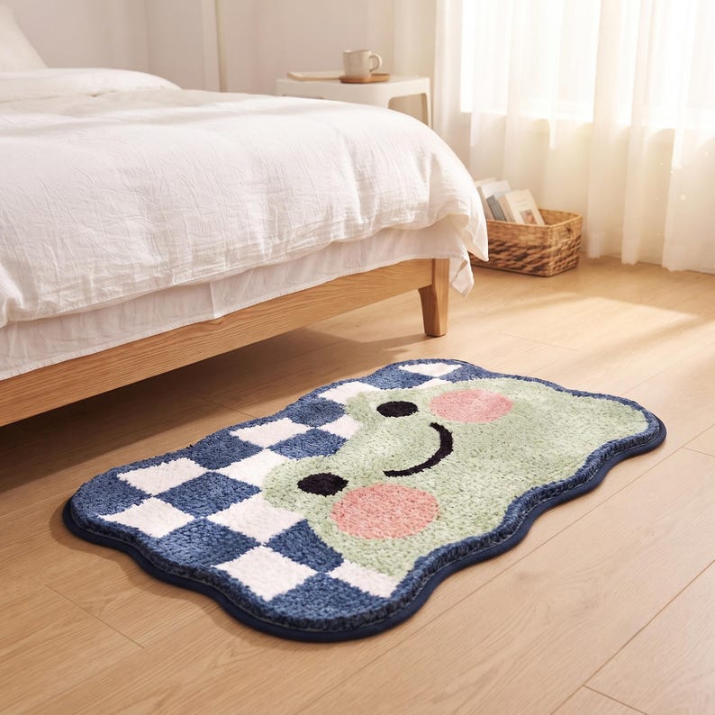 Frog Bath Mat, Kawaii Checkerboard Rug, Pastel Green Animal Decor image 3