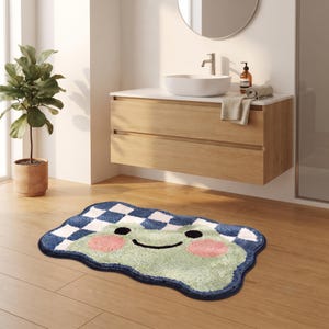 Frog Bath Mat, Kawaii Checkerboard Rug, Pastel Green Animal Decor image 5