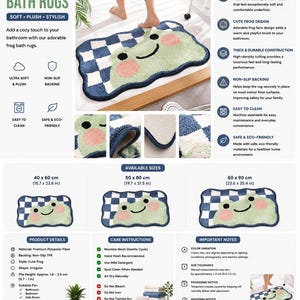 Frog Bath Mat, Kawaii Checkerboard Rug, Pastel Green Animal Decor image 6