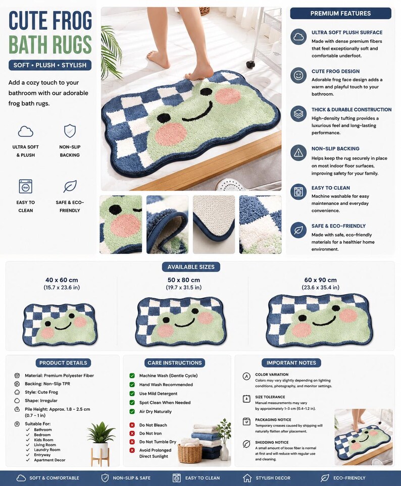 Frog Bath Mat, Kawaii Checkerboard Rug, Pastel Green Animal Decor image 6