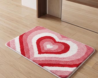Tappetino da bagno a forma di cuore rosa, tappeto da bagno trapuntato Coquette, morbido tappetino per pavimento in peluche